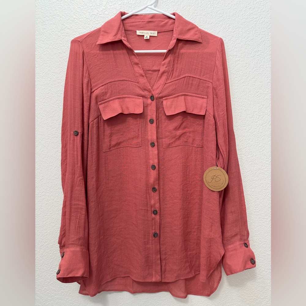 Parallel Skies Flowy Coral Button-Down Roll-tab Sleeves Shirt Size Medium, NWT